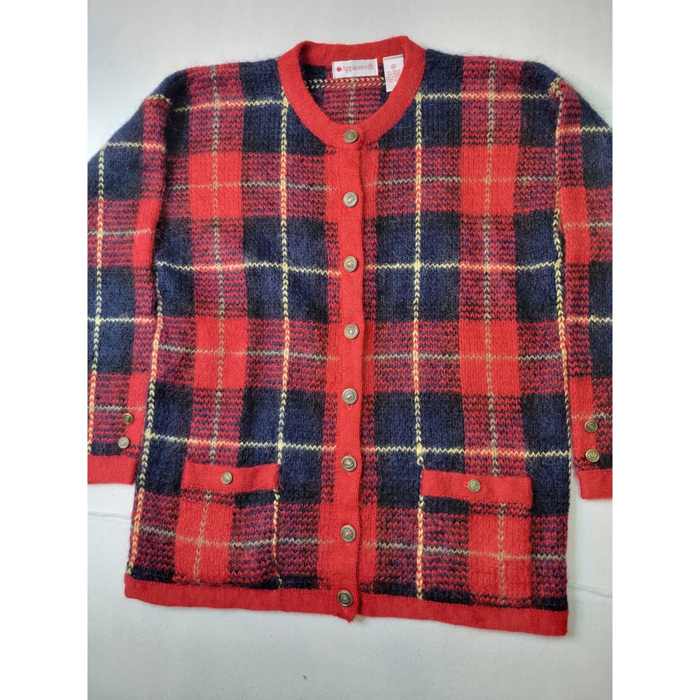 Appleseeds Red Navy Plaid Button Front Cardigan Sweater Crest Buttons Medium 730
